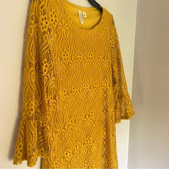 70s Crotchet Style Mustard Yellow Midi Shift Dress - Picture 5 of 5